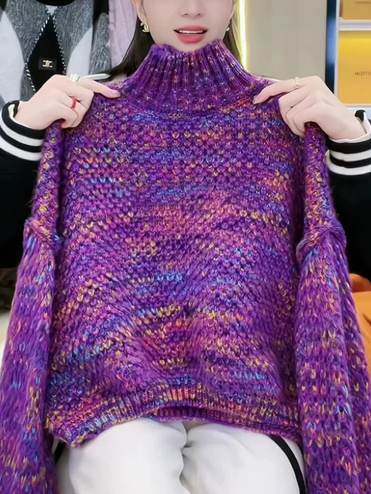 

Фиолетовый вязаный свитер с высоким воротником, женский осенне-зимний свободный модный персональный красивый топ для поездок на работу