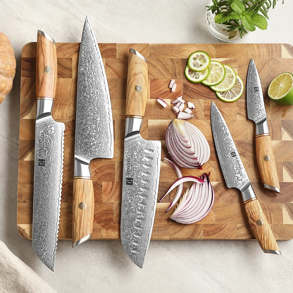 XINZUO 5pcs Knife Set Powder Steel Core 73 Layers Damascus Steel Sharp Bread Chef Meat Knife Olive Wood Handle