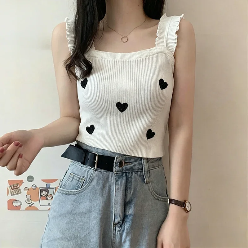 Women Crop Cami Summer Top Heart Embroidered Lettuced Hem Sleeveless Rib Knit Camisole Tanks Cute Coquette Y2K Girly Style