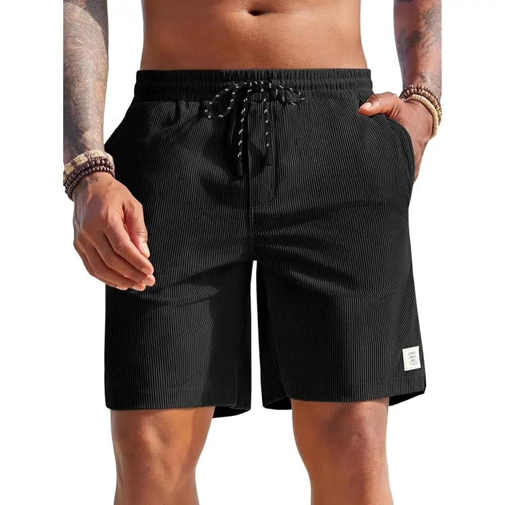 

Men's Corduroy Shorts Casual Elastic Waist Drawstring Summer Beach Vacation Shorts with Pockets