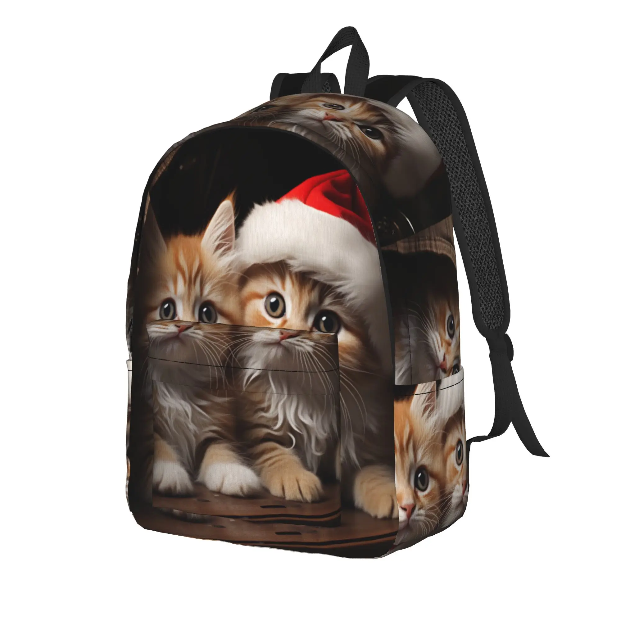 Christmas Kittens Backpack  Student Unisex Polyester Outdoor Style Backpacks Large Kawaii High School Bags Rucksack