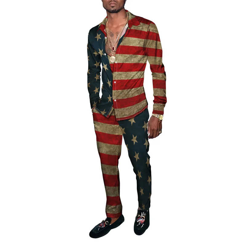 Men's 2 Piece Set Tracksuits Vintage USA Flag 3d Printing Long Sleeve Shirt Trousers Streetwear Clothing Suit Male Oversized 4XL