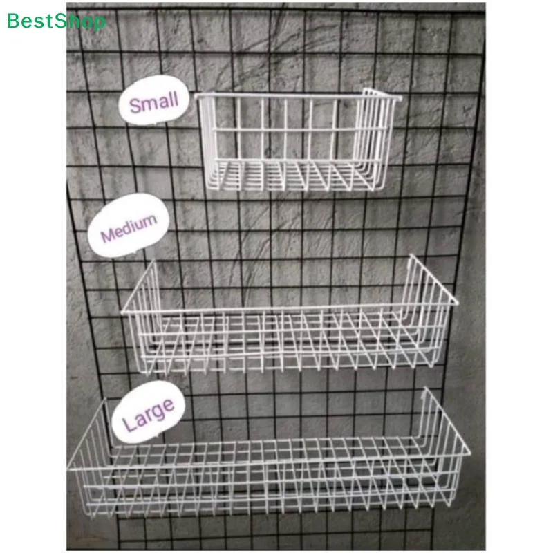 〔Q〕Metal Wire Grid Hanging Basket, White Wall Mount Storage Organizer, Mesh Basket for Wire Panel Display Decor