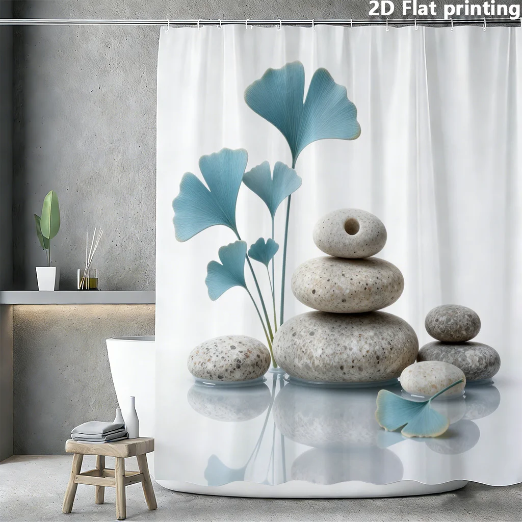 

Душевая занавеска Zen Stone & Ginkgo – с изображением листьев Aqua Sky на кремовом фоне, полиэстер, 12 люверсов, можно стирать в машине, 72×72 дюйма.