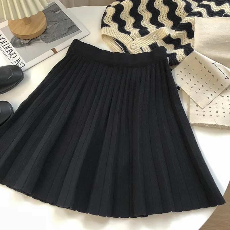 Knitted Skirts Women Korean Style Pleated All-match Autumn Mini Skirt Harajuku Streetwear A-line Designed Students Harajuku Chic