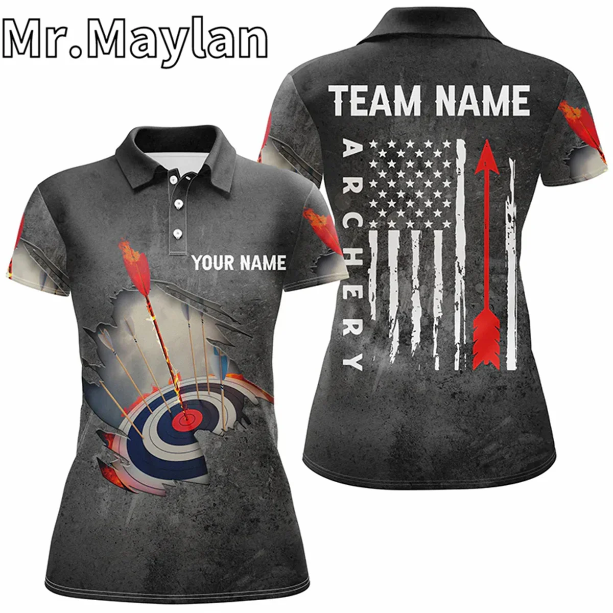 Personalized US Flag Arrow Archery Sports Polo Shirts For Women Custom Flaming 3D Target Archery Shirts Gifts For Archery Lovers