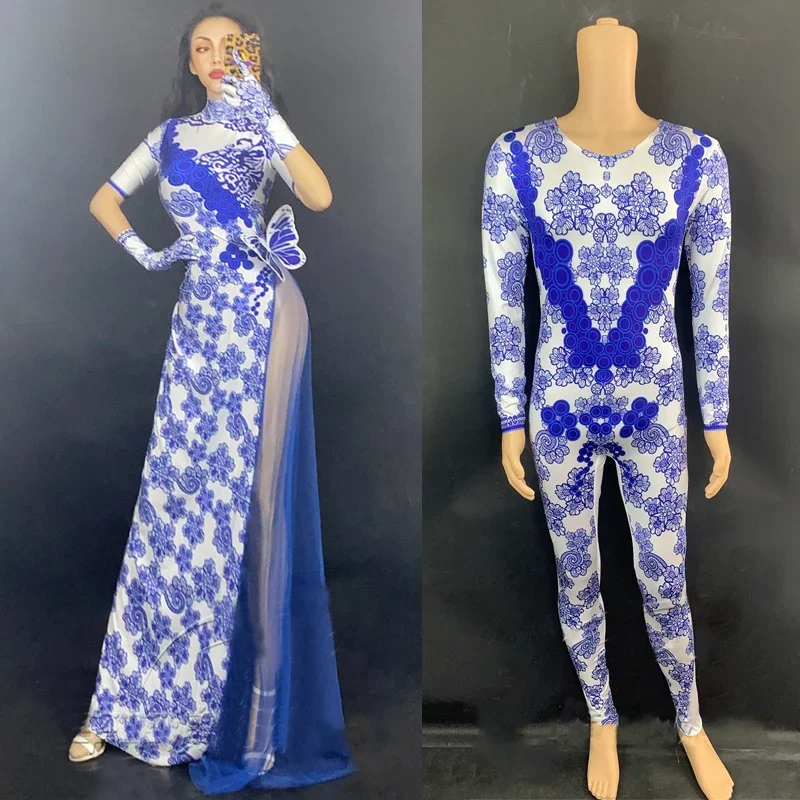 

Men Women Gogo Wear Blue And White Porcelain Printed Long Dress Jazz Dance Jumpsuit Nightclub Dj Ds Stage Rave Outfit XS4815