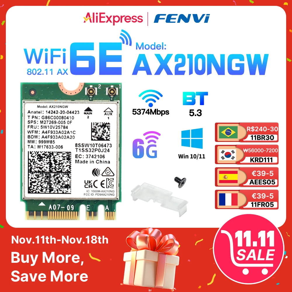 Tri Band WI-FI 6E AX210 M.2 NGFF 5374Mbps Wireless Network Card for Intel AX210NGW 2.4G/5G/6Ghz 802.11ax Bluetooth5.3 Win 10/11