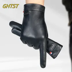 Echte Schapenvacht Lederen Handschoenen Mannen Full Finger Winter Warm Touchscreen Sms Rijden Motorfiets Fleece Business Zwarte Handschoenen