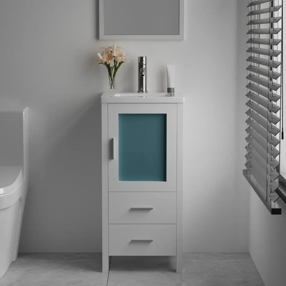 

16 inch Bathroom Vanity with White Ceramic Sink Combo Modern Bathroom Cabinet for Small Space(White)