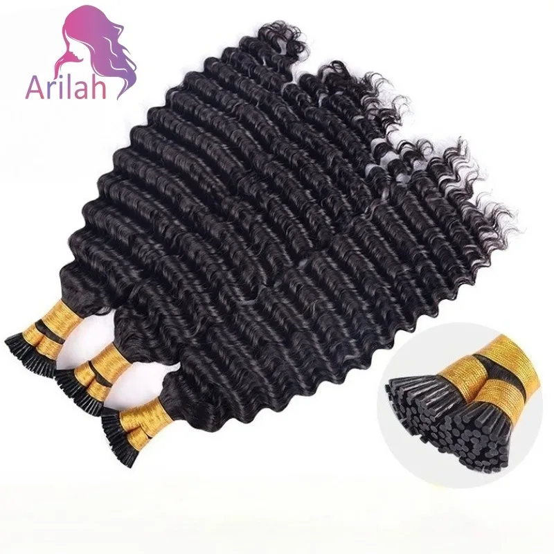 

Прямые волосы для наращивания волос с глубокими волнами и микролинками, натуральные человеческие волосы, натуральный черный кератин, наращивание волос с I кончиком, 50 г/компл. для женщин