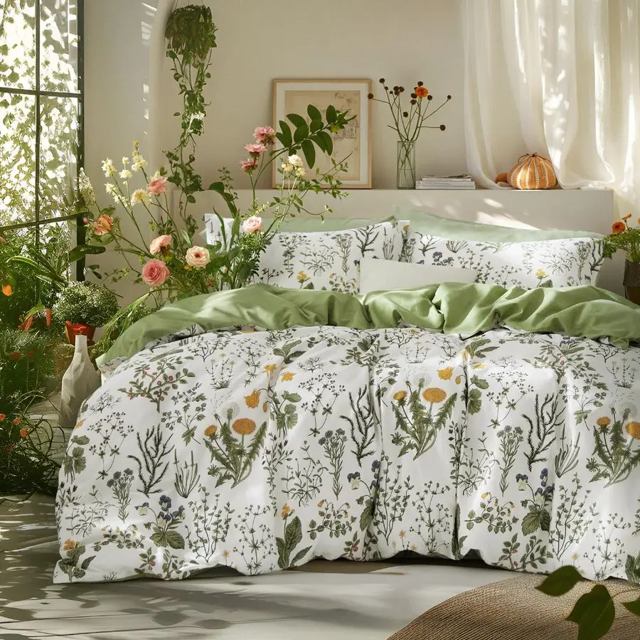 

Duvet Cover Queen Size 100 Cotton Reversible Floral Queen Duvet Cover Set with Zipper Closure, 3 Pieces Soft amp Breathable Gree
