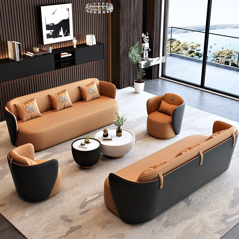 Sales Department Office Reception Negotiation Leather Art Sofa Club Exhibition Hall Hotel Light Luxury Button Sofa Table