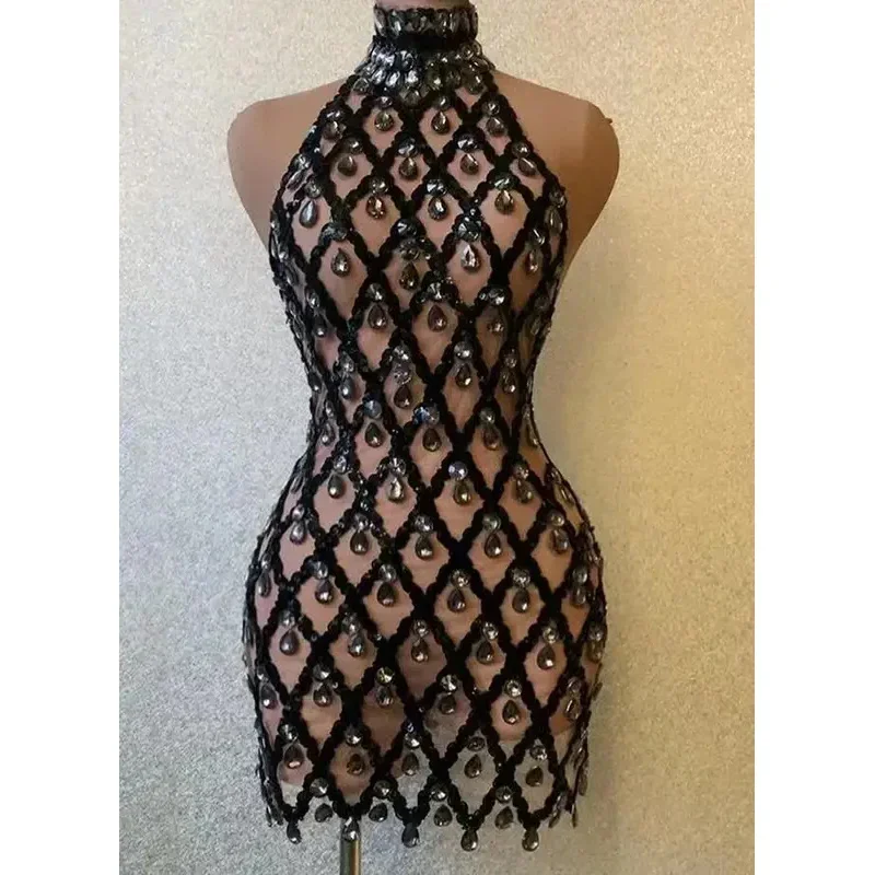 

Sparkly Black Sequins Sleeveless Birthday Stones Transparent Backless Dress Shiny Evening Celebrate Outfit Stretch Mesh shaokao
