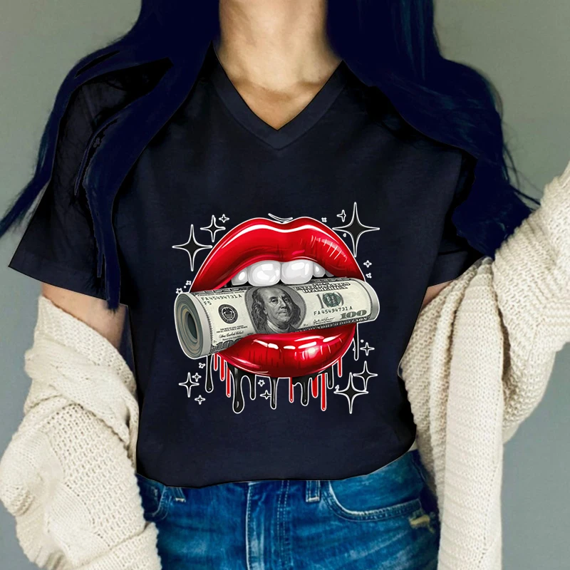 V-neck Women's Clothing Money Sexy Lips Trend Style T-shirt Female Money Lips Design Short Sleeve T-shirt Women's Clothing Sales