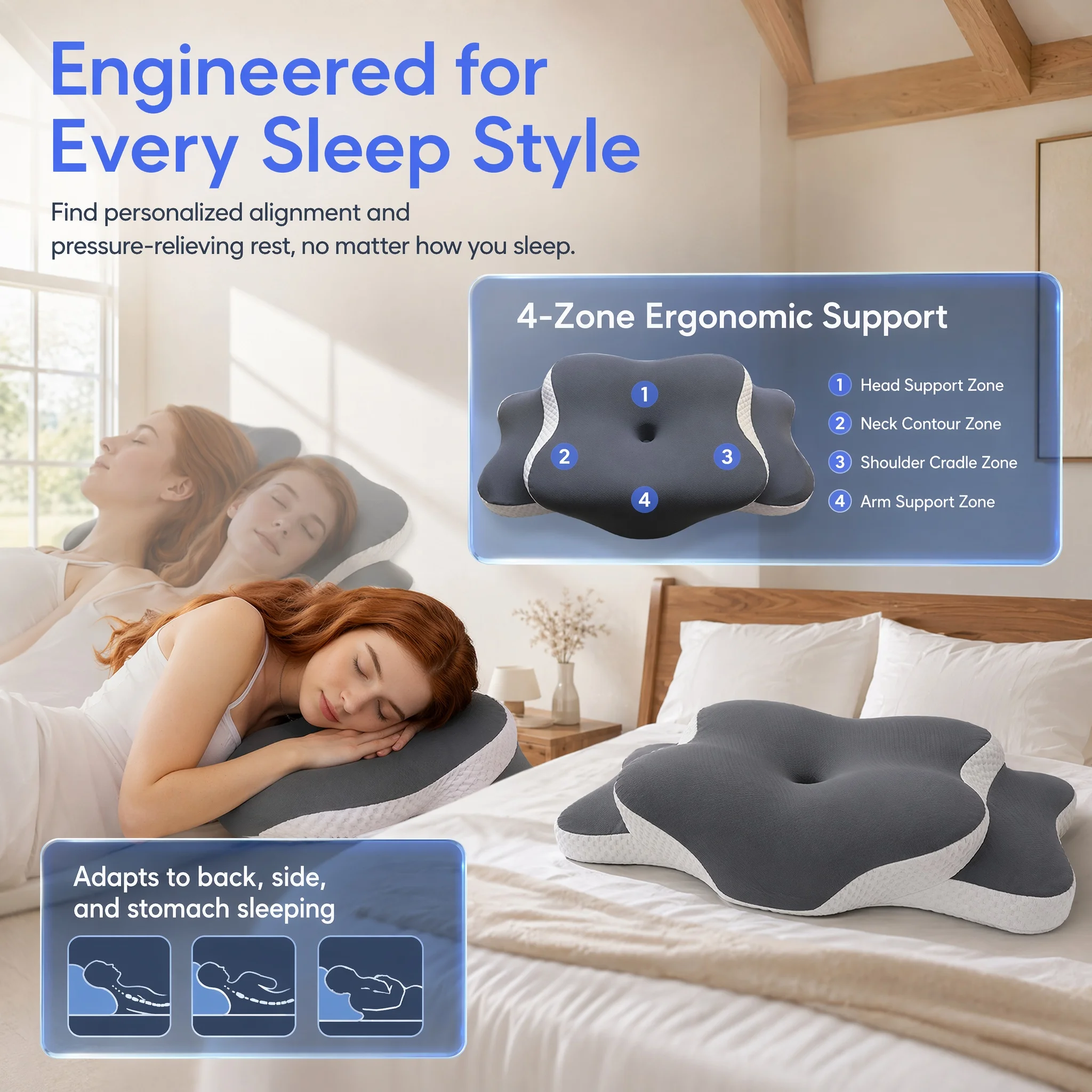 Ergonomic Orthopedic Memory Foam Pillow Neck Pain Relief Contour Support for Side Back Stomach Sleepers Gift