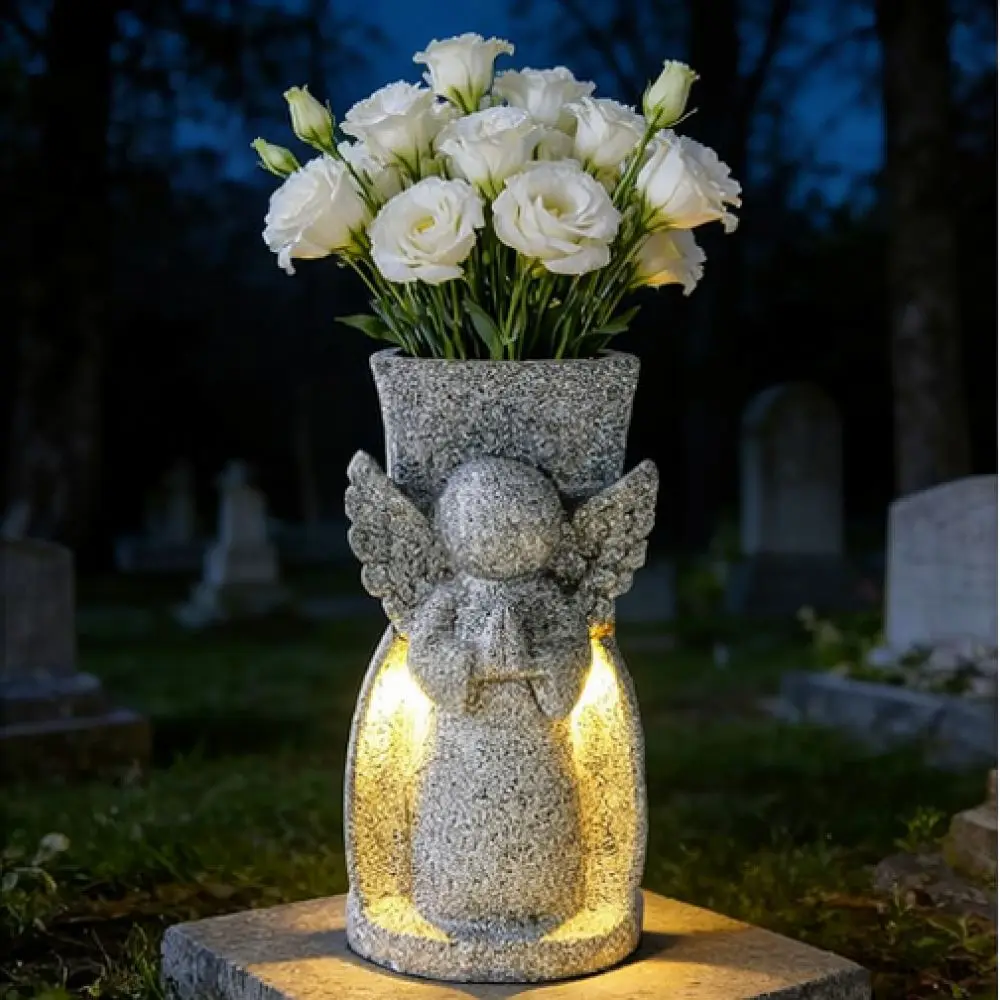 Resin Angel Statue Solar Flower Vase For Cemetery Grave Decorations Waterproof Outdoor Memorial Light Garden Gift