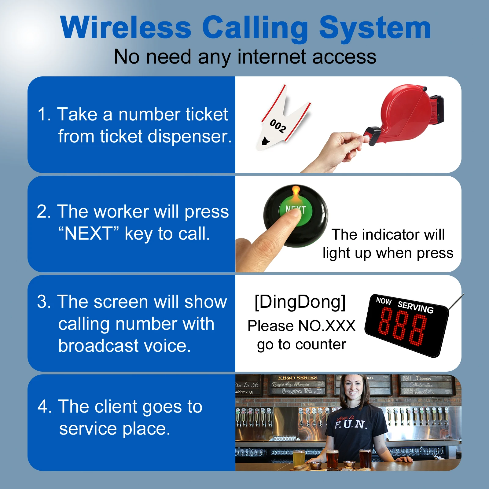 Ycall Restaurant Wireless Queue Management System 433.92MHz 100m Range Clinic Food Truck Deli Counter Hospital Bar Cafe Salon