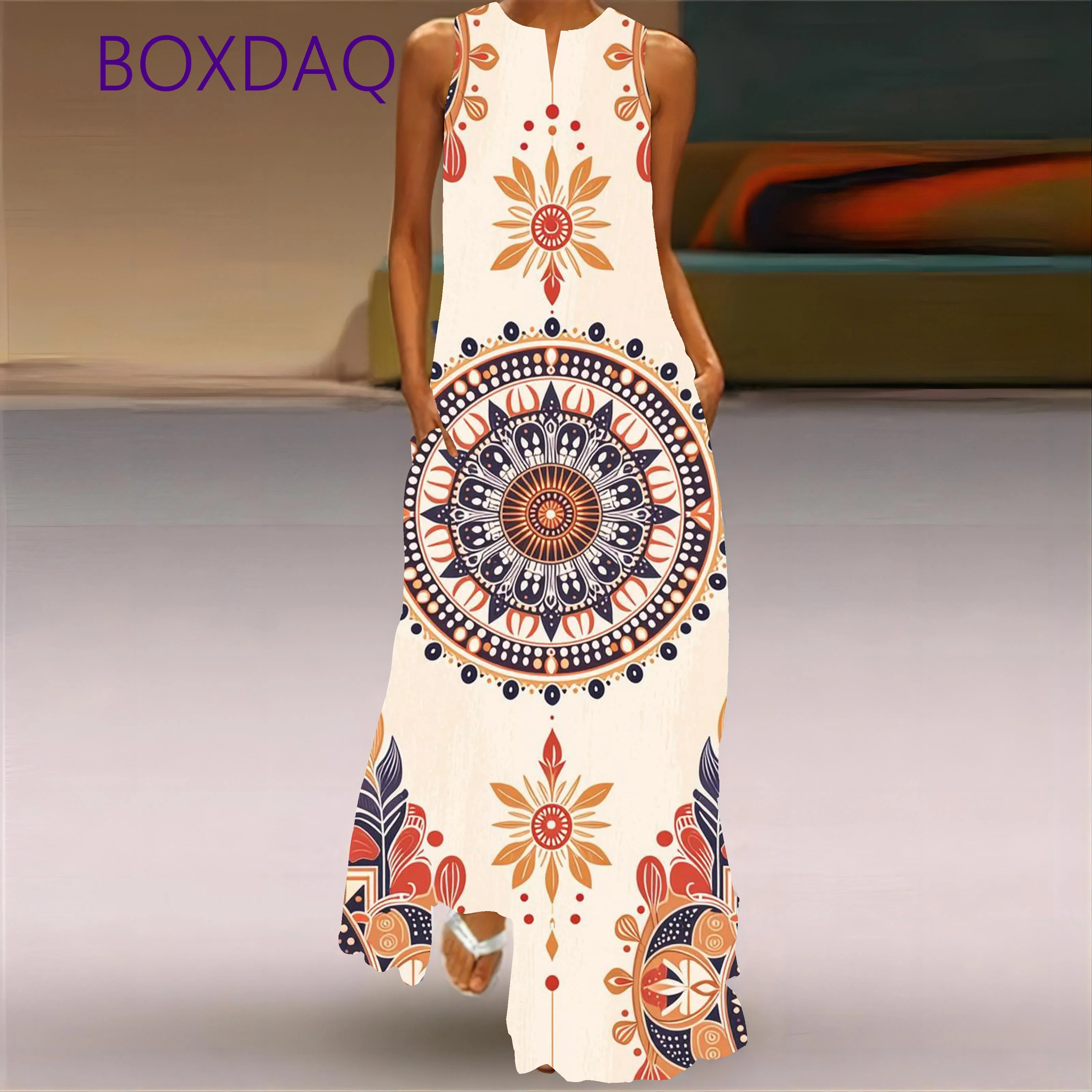 2025 جديد الخريف رداء خمر الأزهار المطبوعة فساتين طويلة للنساء موضة الخامس الرقبة فضفاضة بلا أكمام فستان غير رسمي #2