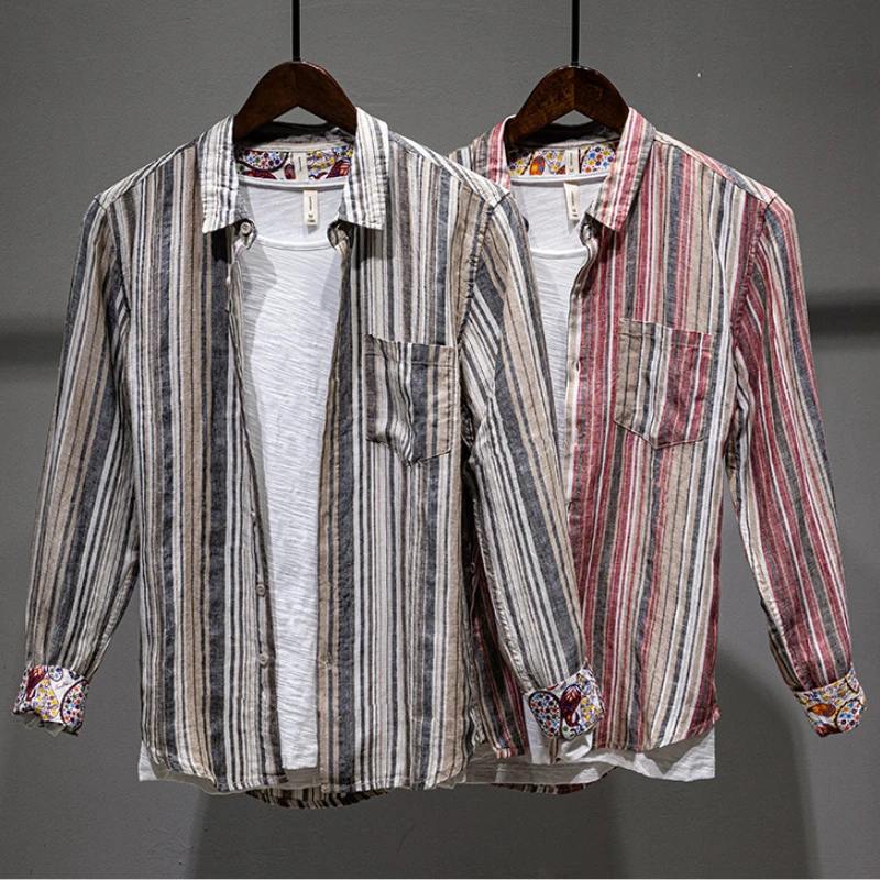 

Hop Hop Spring Autumn Men's Stripe Linen 100% Pocket Shirts Long Sleeve Loose Casual Men Turn-down Collar Thin Tops Clothes