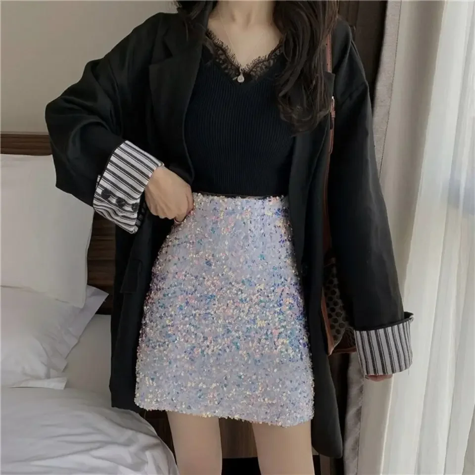 European and American Hotties Autumn and Winter Sequin Skirt Sparkling Short Skirt Female High Waist Hip Sexy Disco Skirt