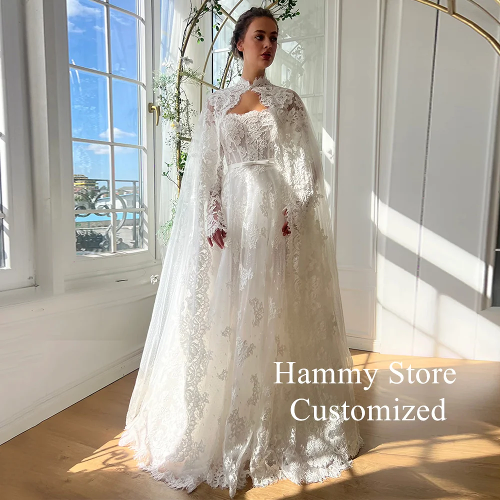 Prinzessin Hochzeitskleid mit Umhang, maßgeschneidert, trägerlos, langärmelig, exquisite Spitze, A-Linie, Korsett, Brautkleid Robe De Mariee