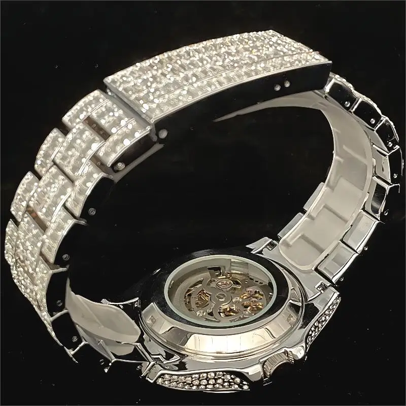 MISSFOX Fashion Skeleton Watch For Men Hip Hop Big Square Diamond Bling Watch Mans Luxury Automatic Mechanical Wristwatch Reloj