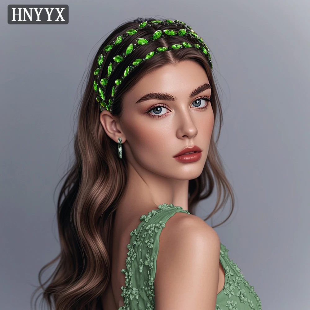 HNYYX Green Three Drainage Rhinestone Hair Hoop Fashion Luxury Headband Fashion Wedding Festival High End Hair Accessories A133