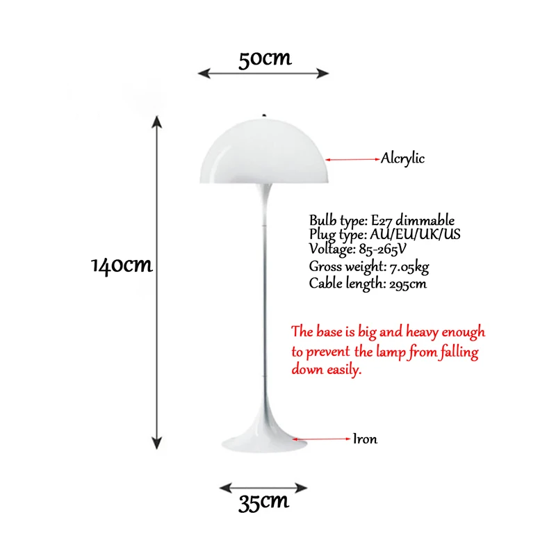 Panthella Mushroom Floor Lamp with Remote Control Dimmable E27 LED Bulb 3 Colors 85-265V AU CN EU UK US Plug Globally Applicable