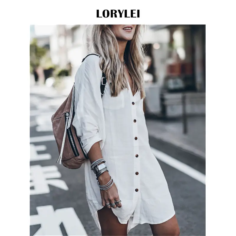 Women Summer Fashion Beach Tops Swimsuit Cover Up Summer Long Sleeve White Pocket Button Front Open Shirt Dress N648