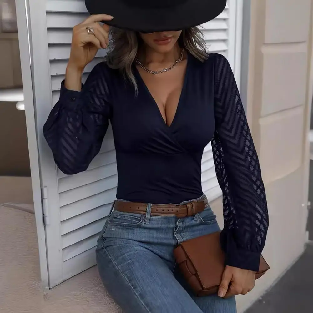 Top da donna con scollo a v tinta unita camicetta Slim Fit elegante con scollo a v manica a lanterna Top da donna t-Shirt a maniche lunghe trasparente Slim for Wear