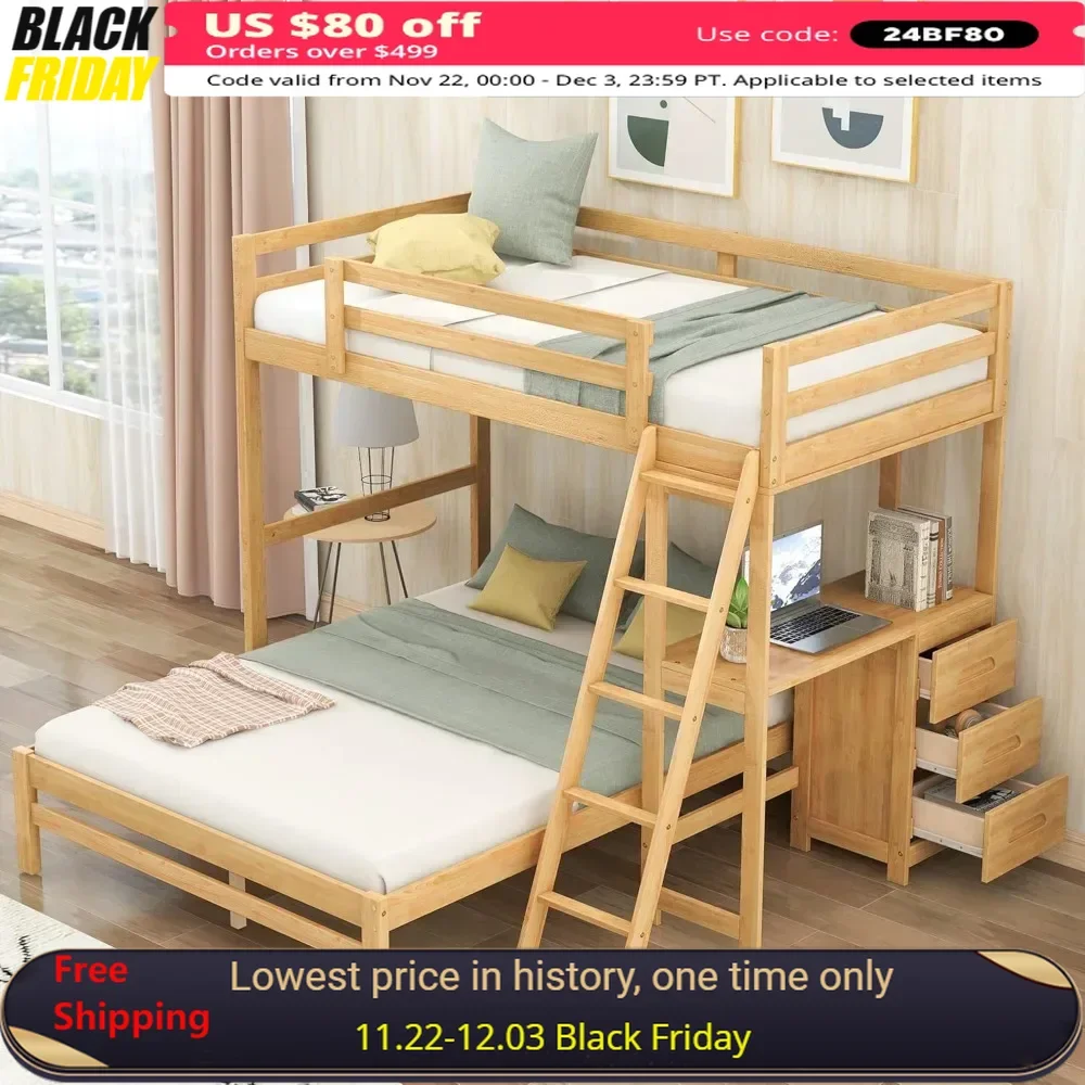 Bunk Bed ,with Built-in Desk,Three Drawers and Angled Ladder - Bunk Bed for Family, Teens, No Box Spring Needed