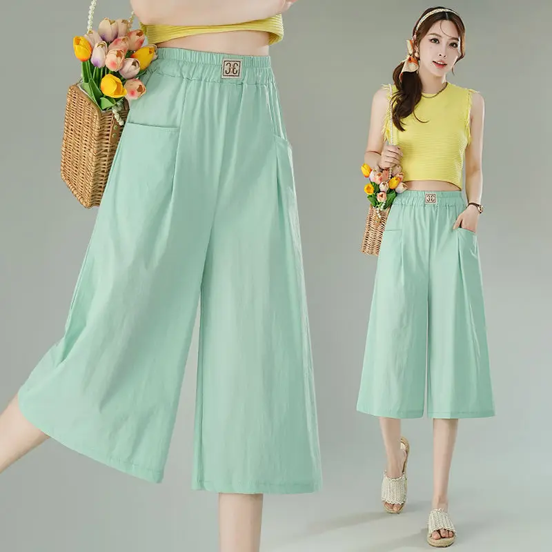 

Women Summer Simplicity Loose Elegant Pocket Solid Color High Waist Wide Leg Women Clothes Casual All-match Trend Cropped Pants