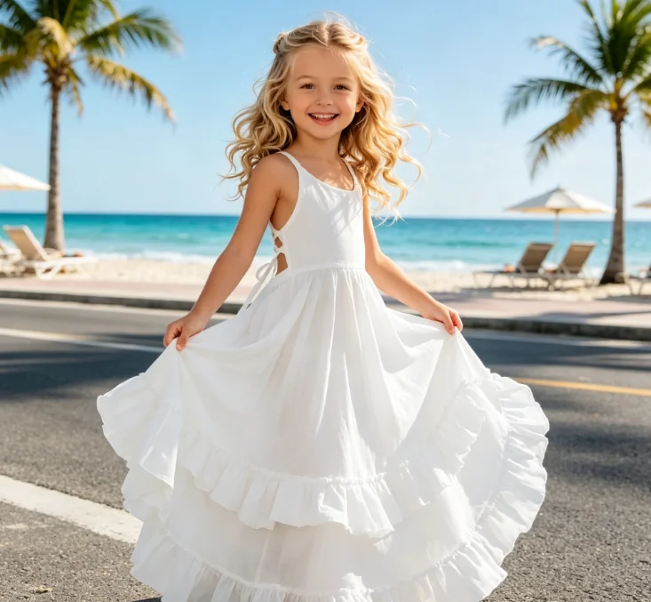 2026 Girls Spring Summer Cotton New Style Backless Lace Mid Length Children's Vest Dress Fashion Solid Color Dress
