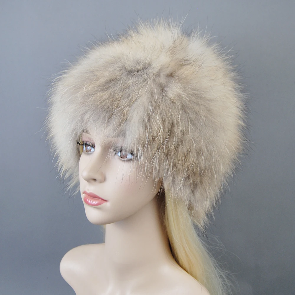 Real Fox Fur Pompom Bomber Winter Hats Russian Female Ski Mask Natural Raccoon Fur Hat Knitted Skullies Beanies Fall Women\'s Cap