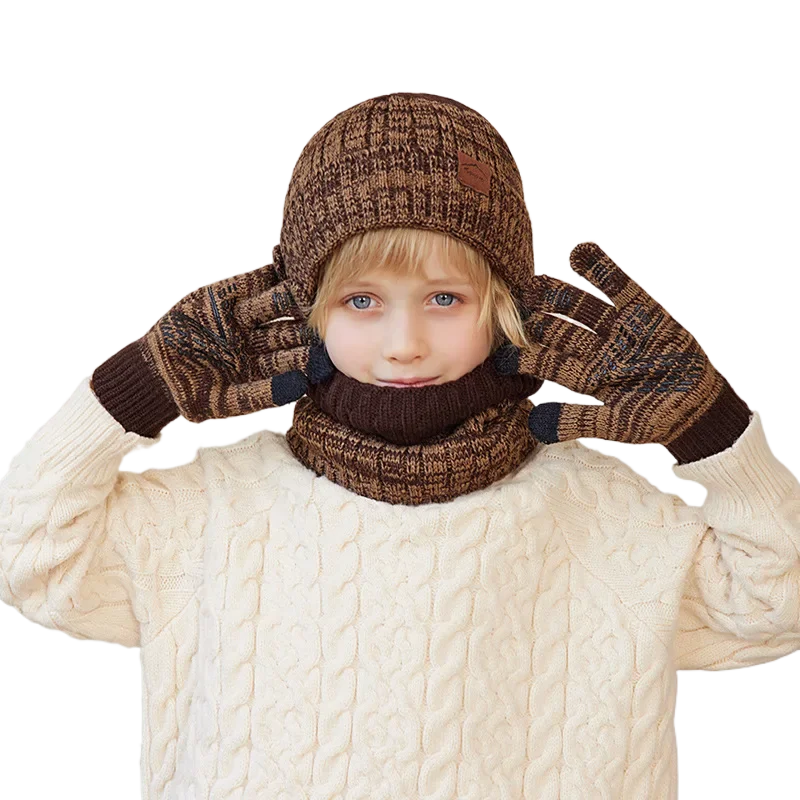 4-10 Years Old Boys Girls Beanie Cap Scarf Glove Set Warm Winter Hat Snood Knitted Hats+Scarf Set Warm Fleece Lining Snow Ski