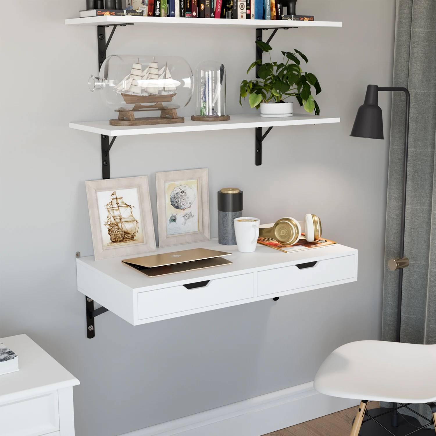 Getone Table Murale, Bureau Mural avec 2 Tiroirs 2 Supports, Table d\'ordinateur 80 cm, Table Suspendue, poste de travail de bureau en bois