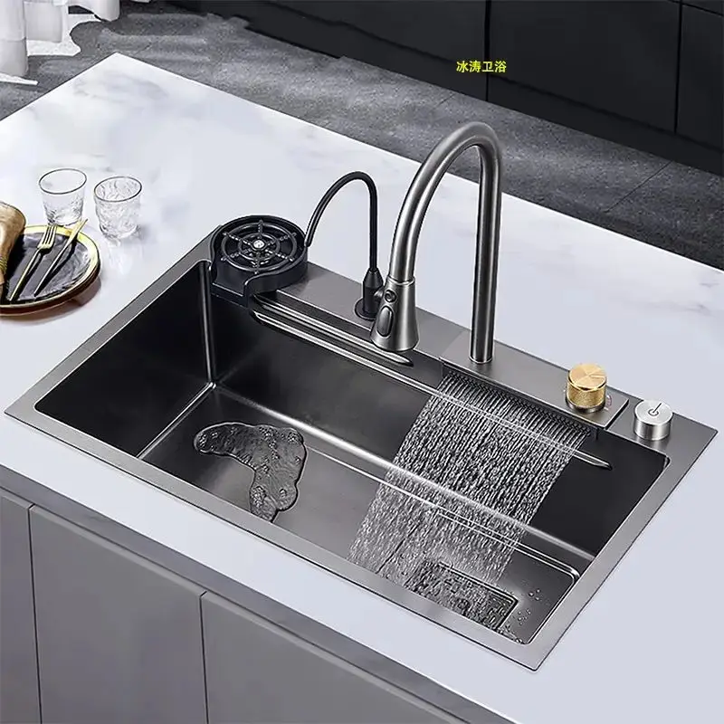 

Deao Complete Whole Set Waterfall Kitchen Sink Stainless Steel Sinks Big Single Bowl with Dish Rack Under Mount Sinks