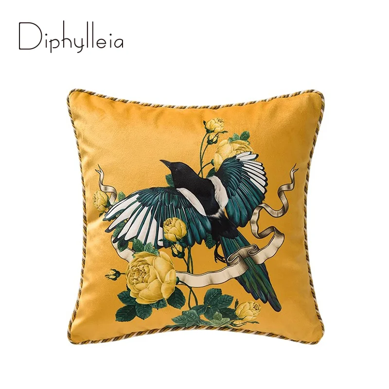 

Diphylleia Роскошный бархатный весенний чехол для подушки с птицами Потрясающее качество Декоративная наволочка для фермерского дома 45x45 см Горчичный домашний декор