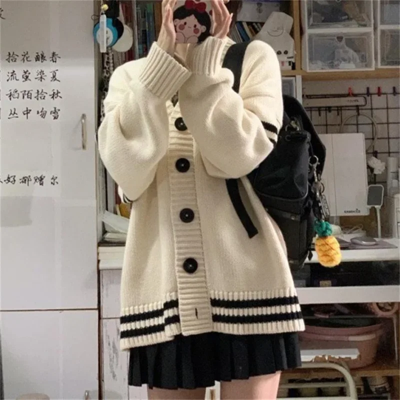 Cardigan Sweater Women Button V Neck Loose Sweater Coats Thick Striped Spliced Full Sleeve Jumpsuit Casual Autumn Winter
