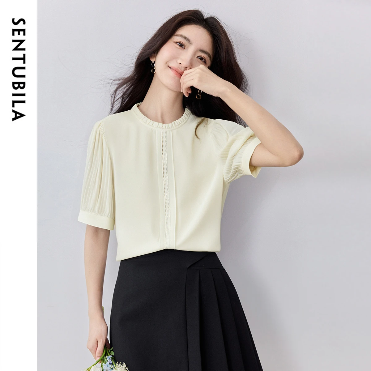 

Sentubila Casual Blouse for Woman Summer New Arrival O-neck Edible Tree Fungus Short-sleeved Solid Chiffon Shirt 132V49235