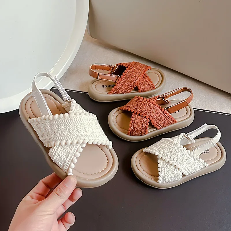 Girl Sandals Bowtie Braided Soft Inafnt Children Sliders Bohemia Style Classic Fashion Open Toe Non-slip Kids Flats