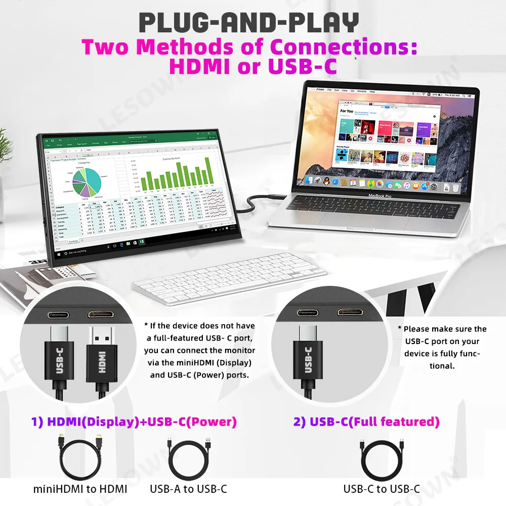 LESOWN 11.6 Inch Black Aluminum Portable Monitor 1920x1080 Slim Travel Screen Driver-free Touch for Business
