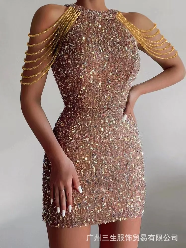 

Party Dresses For Woman Halter Neck Sexy Vestidos Package Hip Sequined Evening Dress Slim Off Shoulder Temperament Simple Style