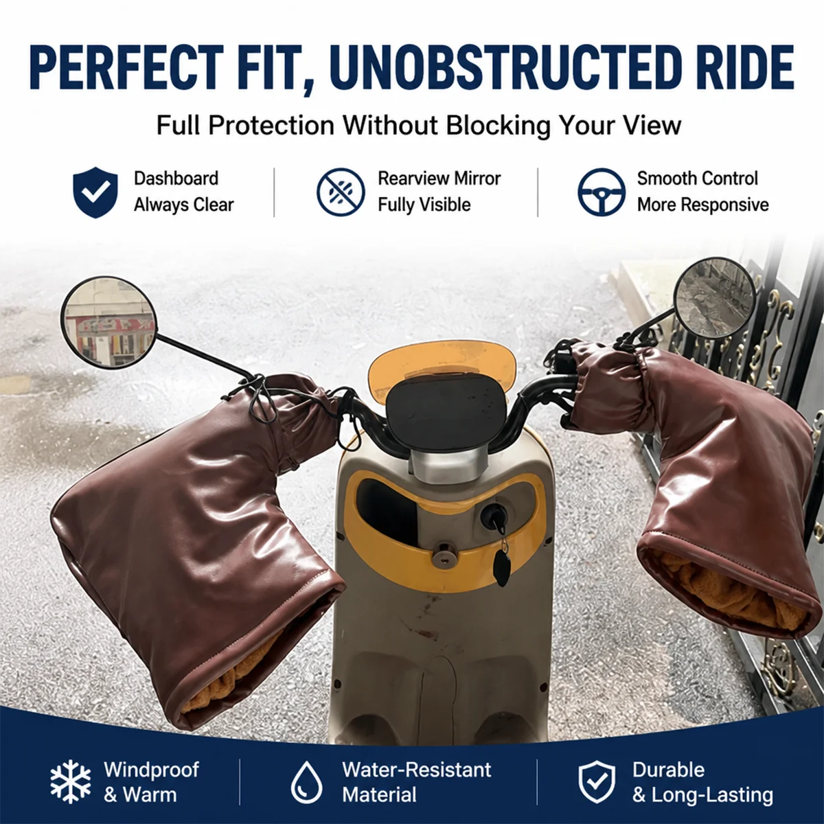 PU motorcycle gloves with windproof and warm insulation for winter riding, brown and black color.