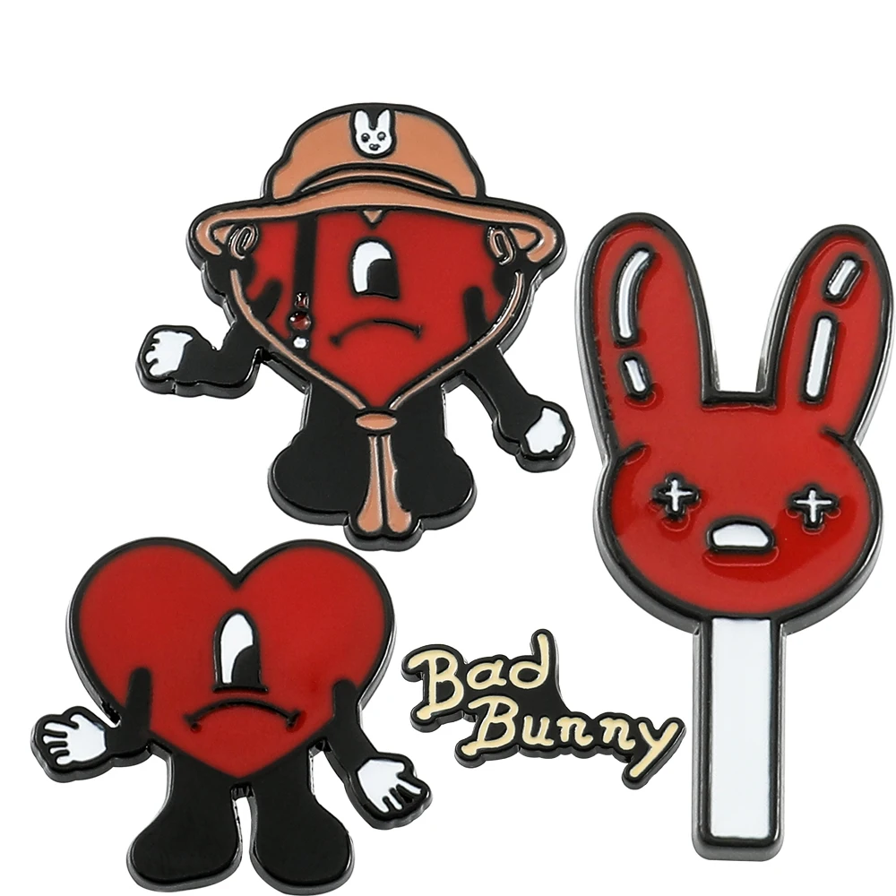 Bad Bunny Pin for Backpack Accessories Red Heart Enamel Badges Jewelry Fashion Brooches Denim Jacket Decoration Gift for Friends