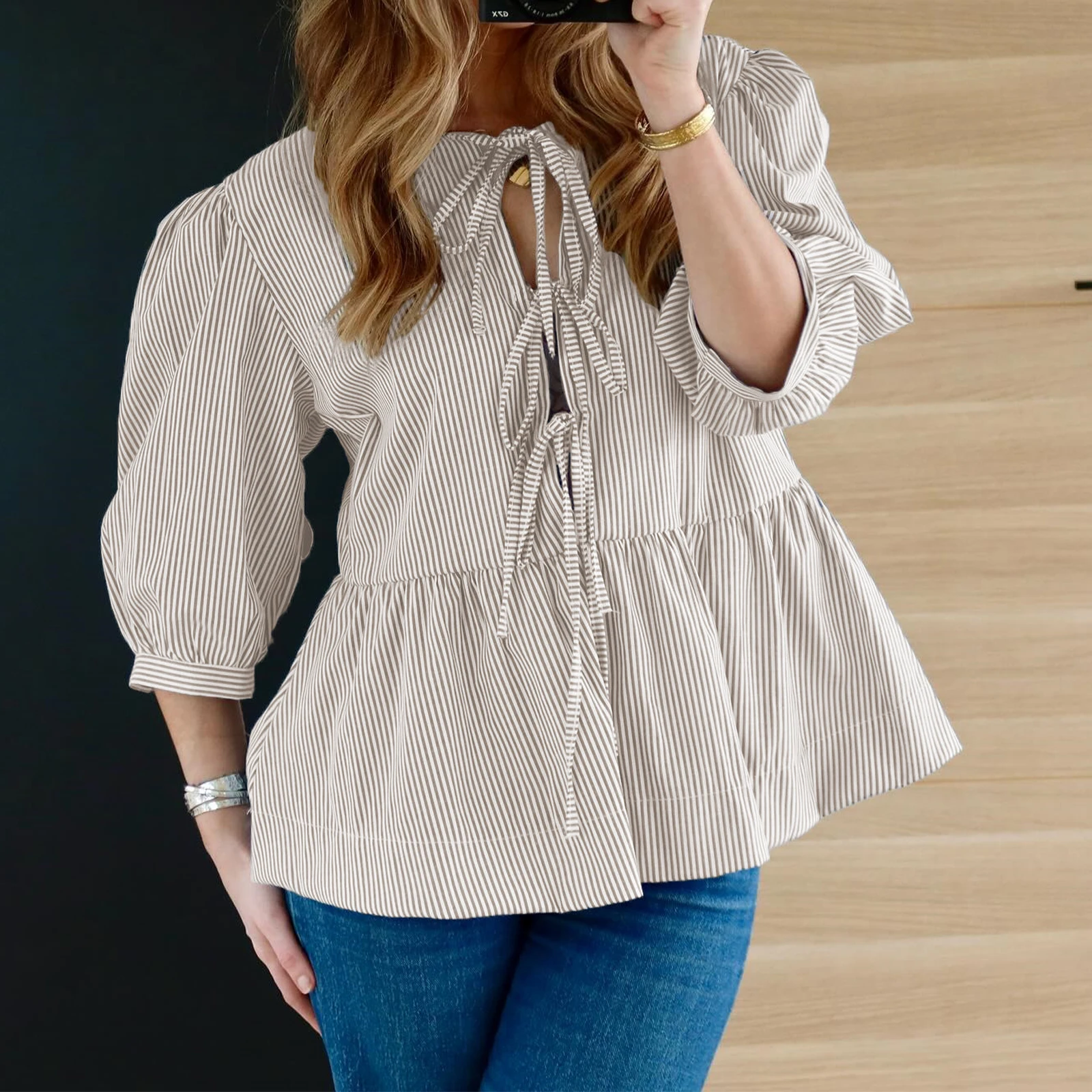 Women's Spring Summer Casual Loose Shirt Tops Half Sleeve Open Front Tie Up Solid Color/Plaid Ruffle Hem Blouse Streetwear