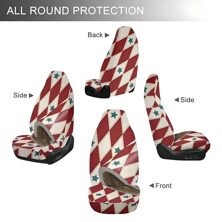 Red And White Diamond Pattern Car Seat Covers With Stars, Universal Fit For Driver And Passenger Seats, All Round Protection