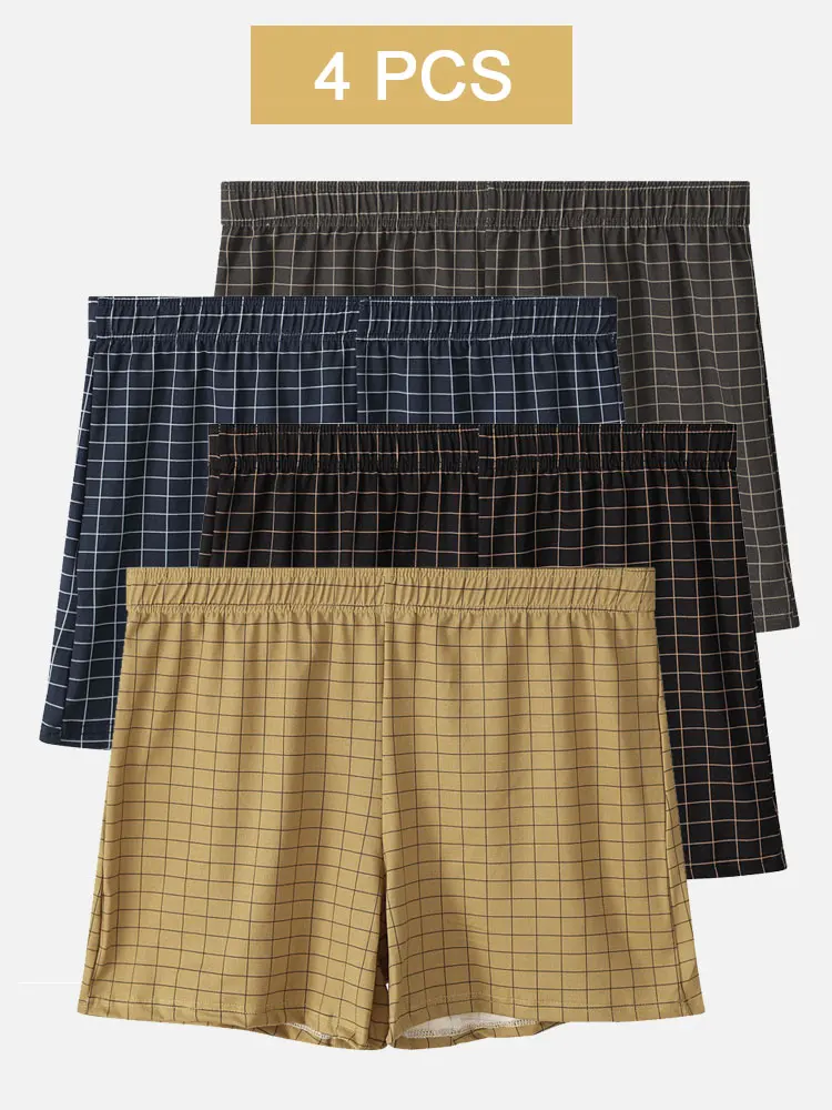 

4-Pack Men's Aloha Shorts: Plaid Fashion Style, Pure Cotton for Breathability & Skin-Friendliness, Comfortable for Home & Out.
