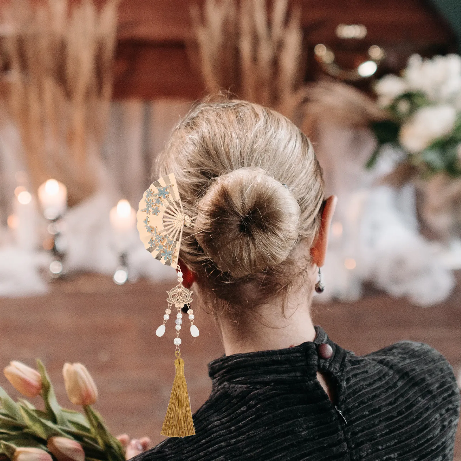 

Chinese Fan Flower Hair Stick Tassel Metal Hairpin Retro Enamel Design Elegant Updo Accessory for Wedding Party Hanfu Cosplay